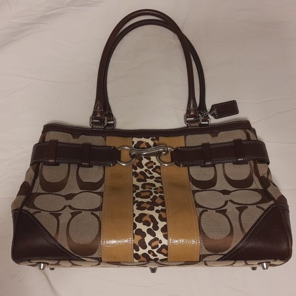 Coach "Hampton" Leopard, Signature Canvas & Leather Carry All Handbag - Picture 5 of 5